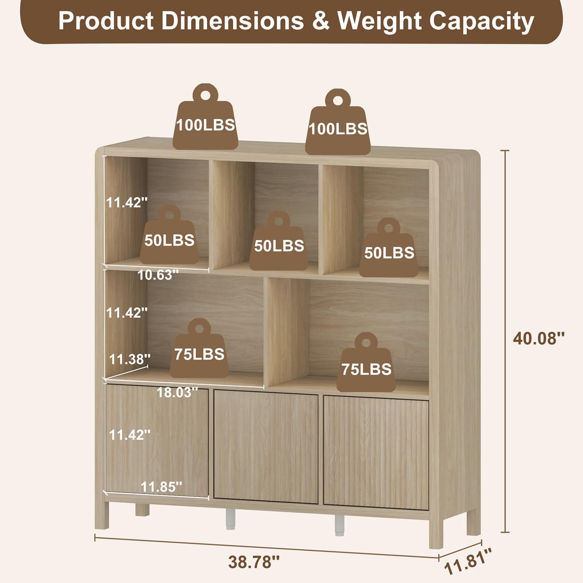 FATORRI 8 Cube Storage Organizer with Shelf, Rustic Wood Cube Bookshelf, Farmhouse Bookcase with 3 Doors, Cubby Book Shelf for Living Room, Home Office, Hallway (Light Walnut) FATORRI