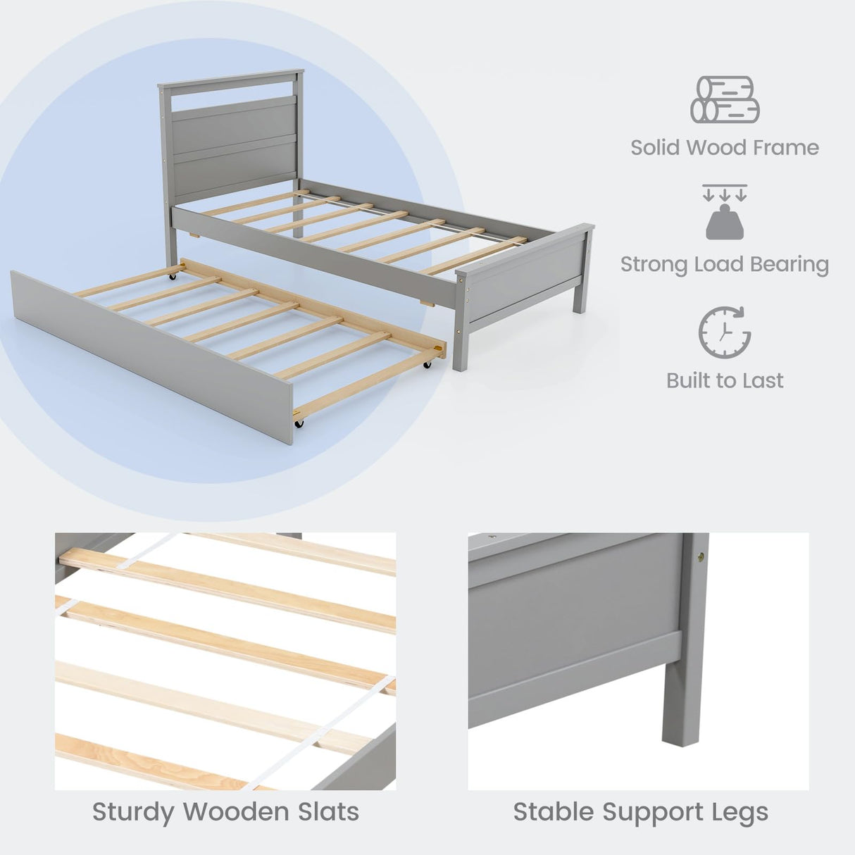 Giantex Trundle Bed Twin, Wood Day Bed Frame with Headboard & Footboard, Wooden Slats Support, Pull Out Bed, Twin Bed with Trundle for Kids Teens Adults, Grey Giantex