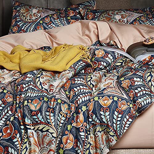 Cupocupa King Duvet Cover Set - 3pc Dark Navy Paisley Boho Bedding - Luxury Art Deco Floral Botanical Print, Soft Microfiber Reversible Quilt Cover with Pillowcases (King, 104"x90") Cupocupa