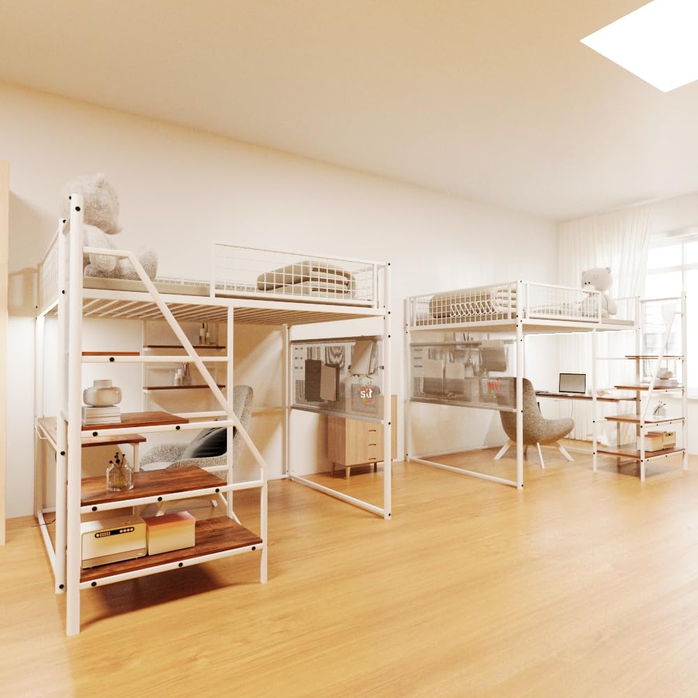 KEIKI Full Sized Loft Metal Bed with Desk and Stairs, Metal Loft Bed Frame, Heavy-Duty High Loft Beds with Built-in Charging Station and Lighting for Bedroom, Dormitory KEIKI