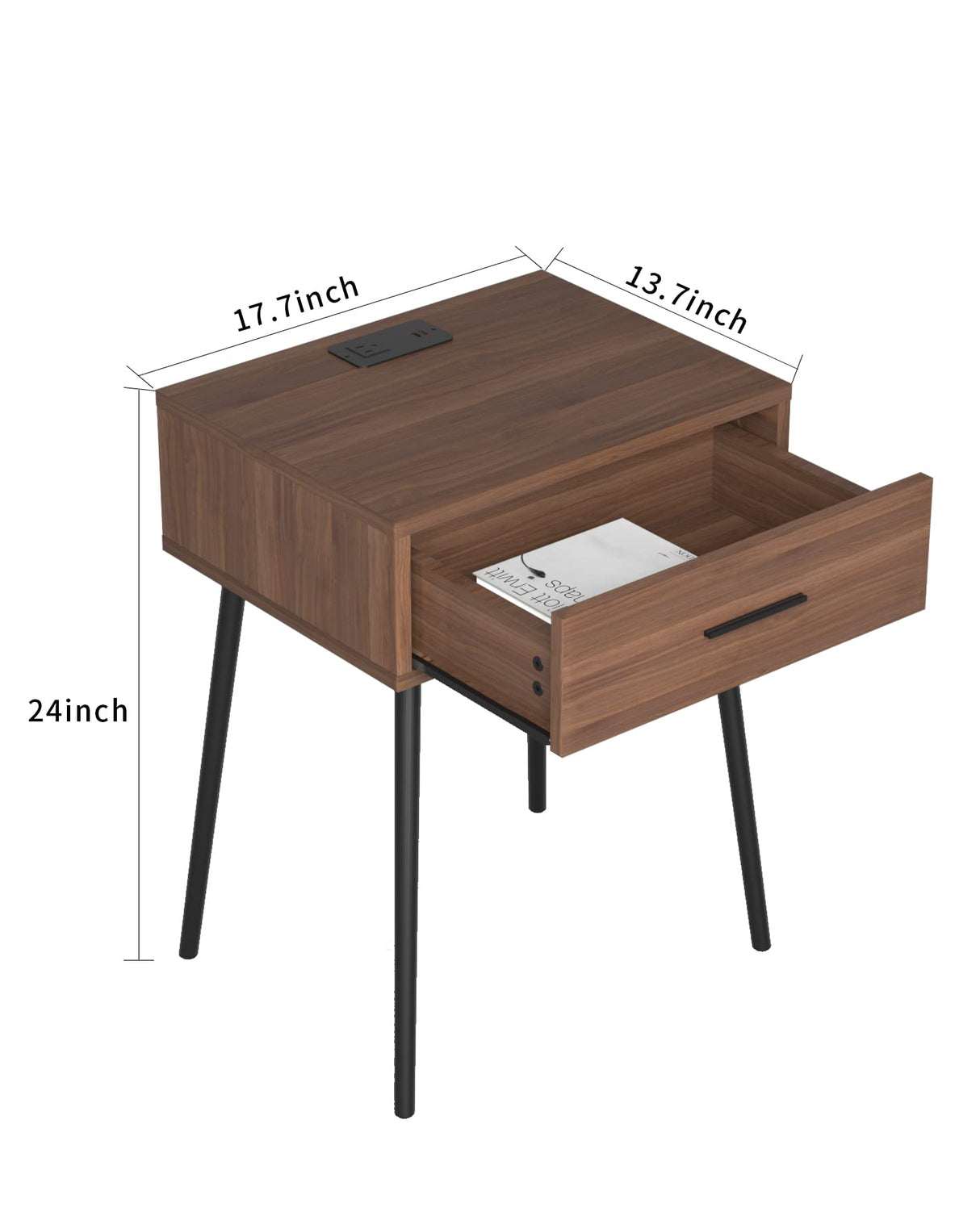 HAIOOU Set of 2 Mid Century Nightstand with Charging Station, End Table Modern Side Table One Drawer with Premium Matte Black Handle and Pine Wood Legs for Home Bedroom Living Room HAIOOU