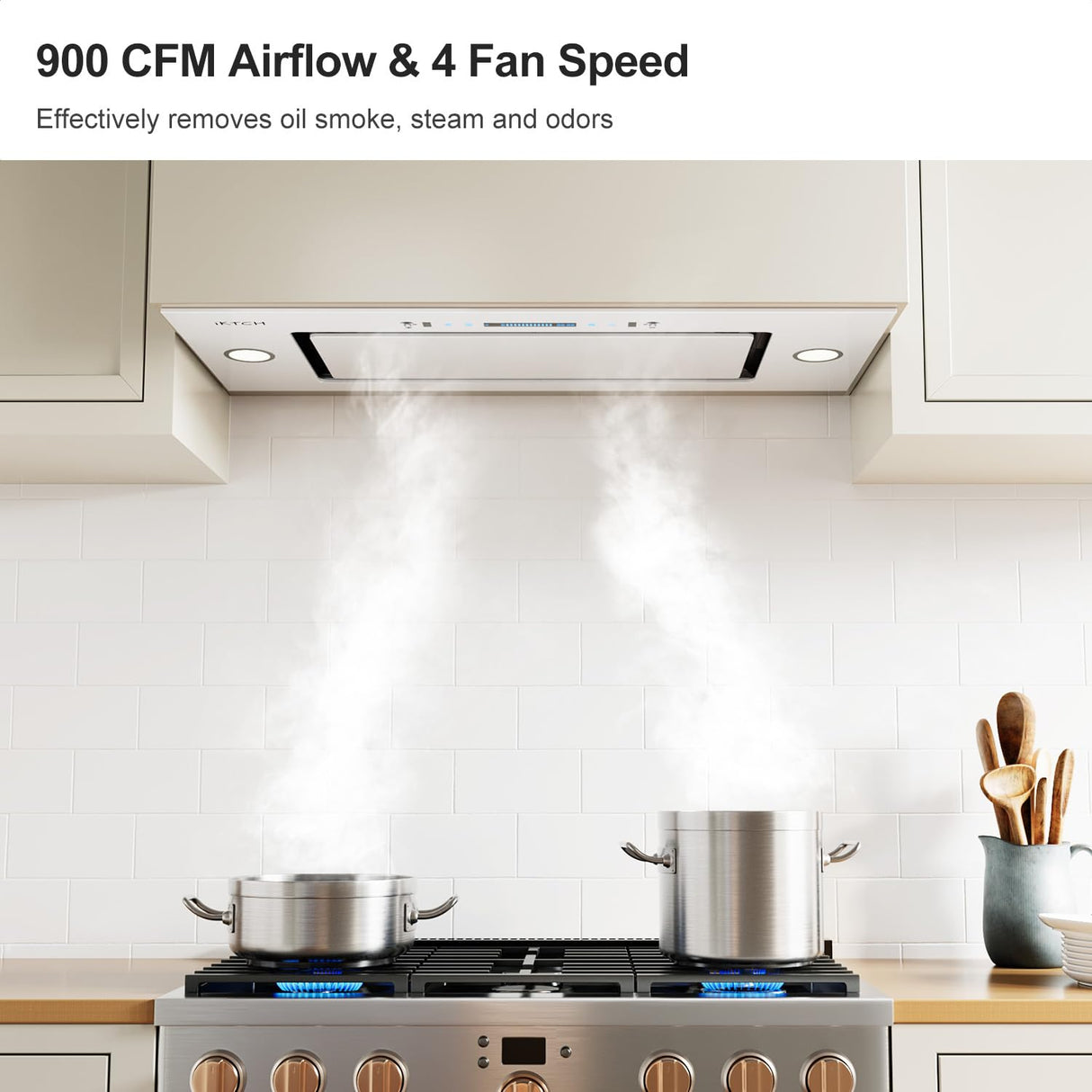 IKTCH New 36" Range Hood Insert, 900 CFM Ducted/Ductless Range Hood with 4 Speed Fan, White Stainless Steel & Tempered Glass Range Hood 36 inch with Gesture Sensing&Touch Control Making life Smarter IKTCH