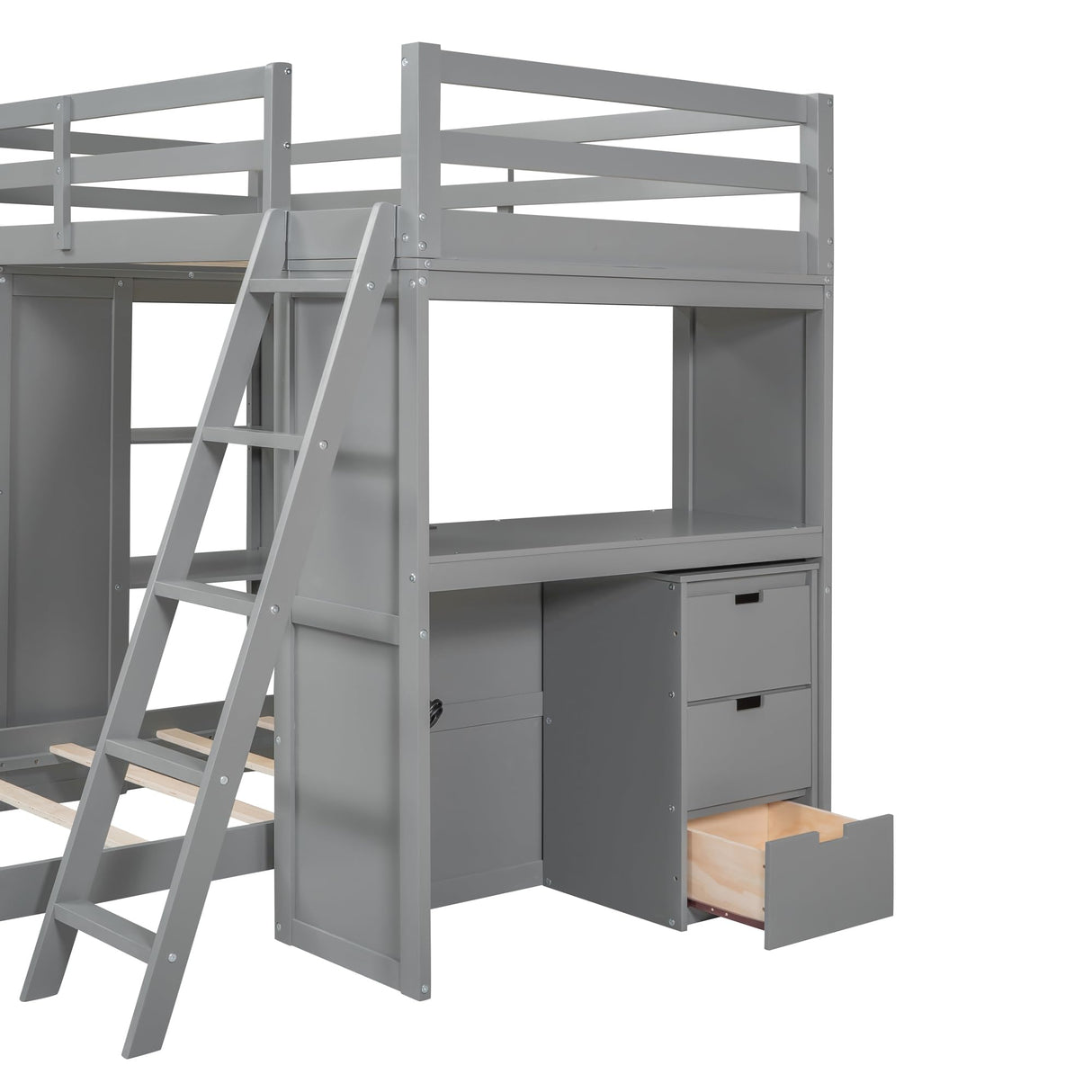 JIVOIT L-Shaped Twin Over Twin Bunk Bed with LED Light, USB Ports, Desk, Drawers, and Open Shelves in Gray JIVOIT