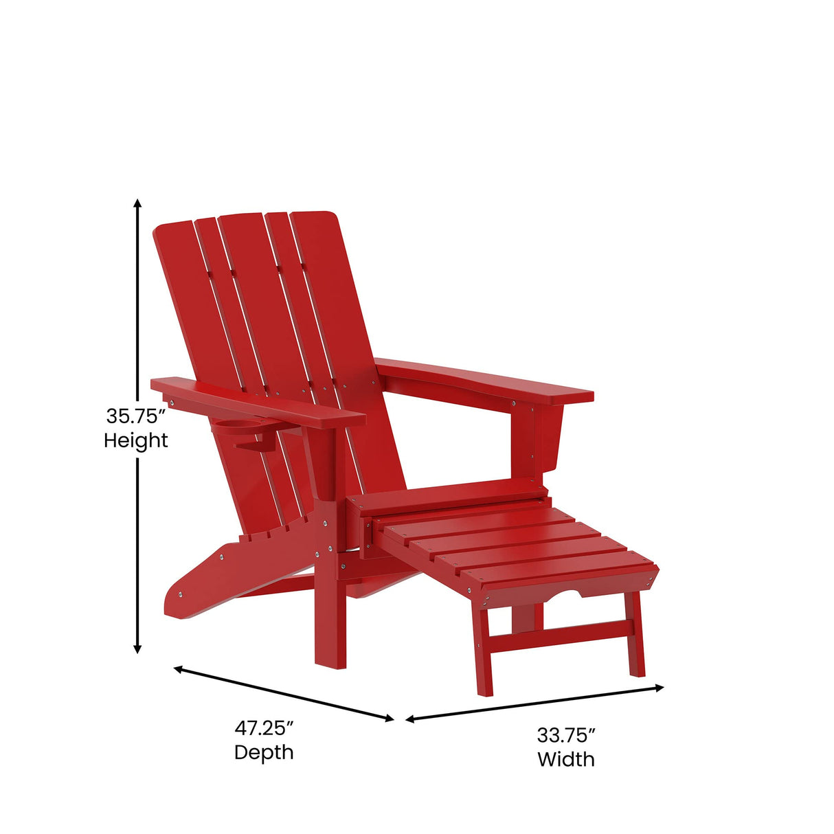 Flash Furniture Halifax Poly Resin Adirondack Chair with Cup Holder and Pull Out Ottoman, All-Weather Poly Resin Indoor/Outdoor Lounge Chair, Red Flash Furniture