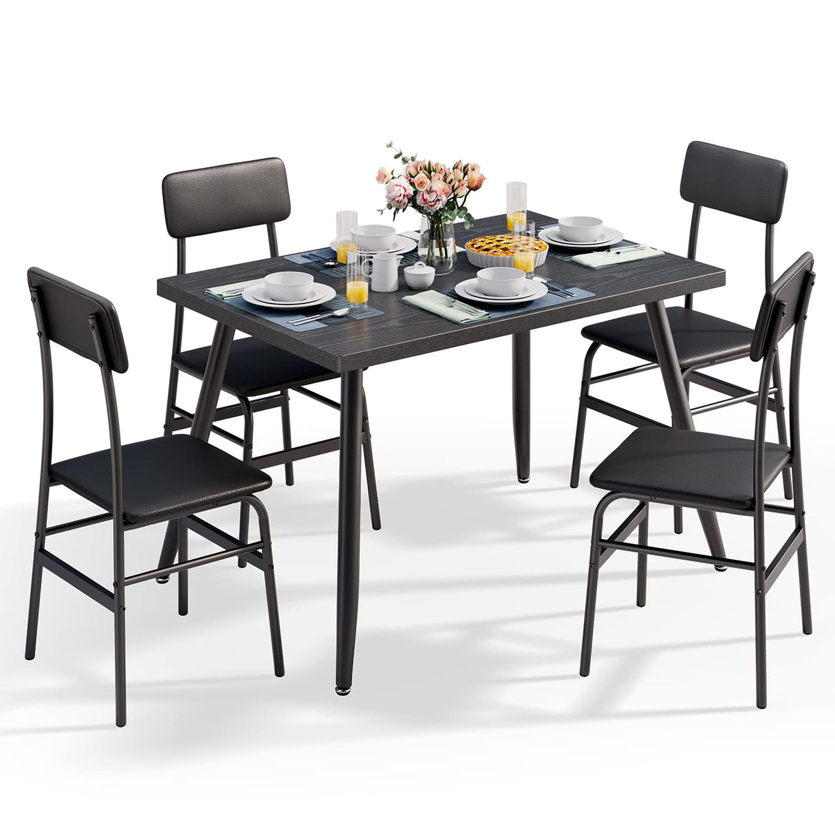 Gizoon 5 Piece Dining Table Set for 4, Modern Metal & Wood Kitchen Dinner Table with 4 Chairs, Space-Saving Dining Room Furniture Table & Chair Sets for Small Spaces & Apartment, Black Gizoon