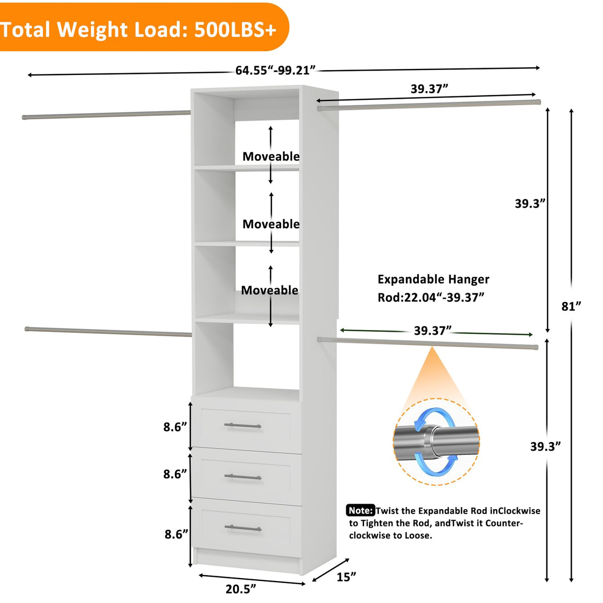 secilix Closet System, 5FT-8FT Closet Organizer System with 4 Expandable Hanging Rods and Moveable Shelves, 99" Walk in Closet System with 3 Wooden Drawers, Custom Built in Closet, Wall Mount (White) secilix