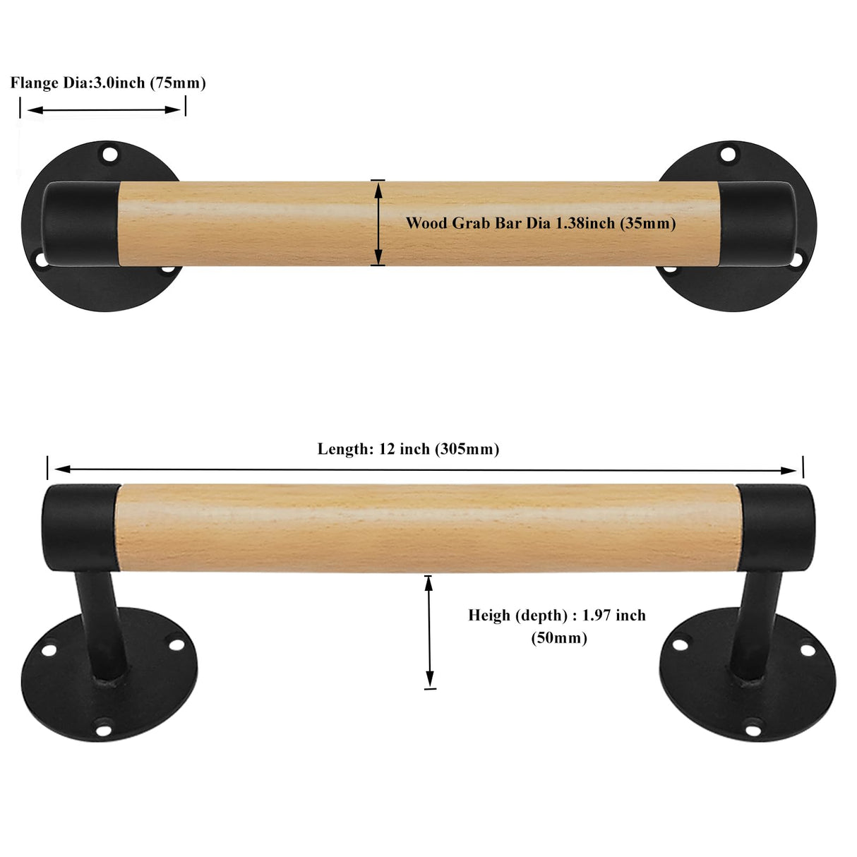 Purife 1ft Wood Handrail for Indoor Stairs, Wood Staircase Handrail W/s Black Sturdy Metal Brackets, Stair Banister Rrailing Wood Safety Grab Bar for Elderly & Kids Purife
