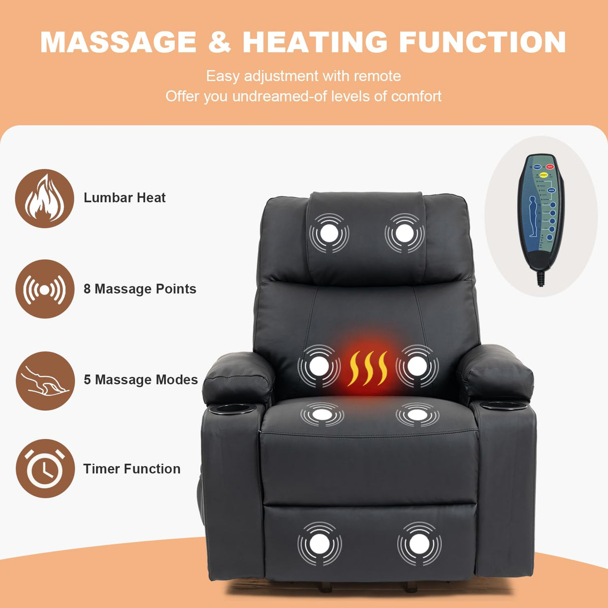 Power Lift Recliner Chair for Elderly, Electric Stand Assist Reclining Chair with Massage and Heat Function, Leather Living Room Furniture, Comfy Single Sofa with Cup Holders, Side Pockets, Black BRTHORY