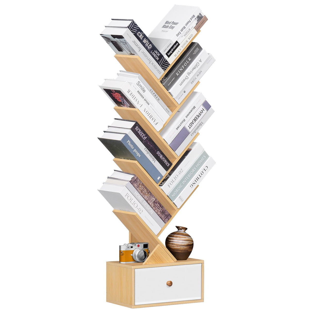 SHEEPAM 8-Tier Natural Wood Tree Bookshelf with Drawer for Home Office and Living Room Storage SHEEPAM