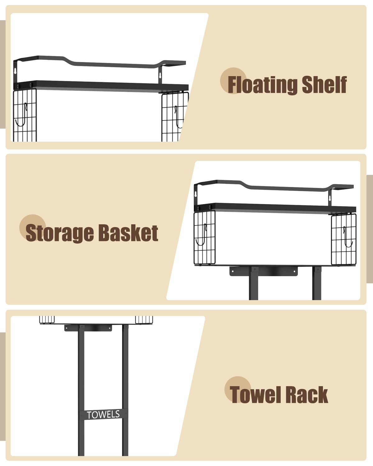 Aetyord Towel Racks for Bathroom 31inch Wall Mounted Towel Rack,Floating Shelf with Wood Plank,Towel Storage for Bathroom can Holds 6 Large Rolled Towels,All Black Aetyord