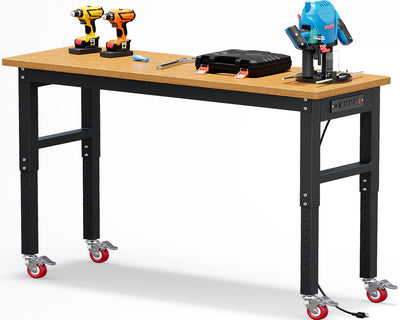 60" Heavy Duty Workbench with Wheels, Max. 2200 LBS Capacity Adjustable Height Solid Wood Work Bench Table, Work Bench Station for Garage, Shop, Home, Office