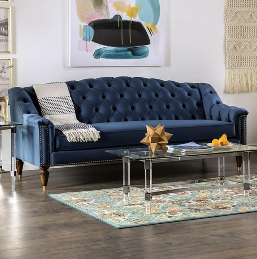MASARA Tufted Velvet Sofa, 91-inch Camelback Design, Blue with Nailhead Trim and Walnut Legs MASARA