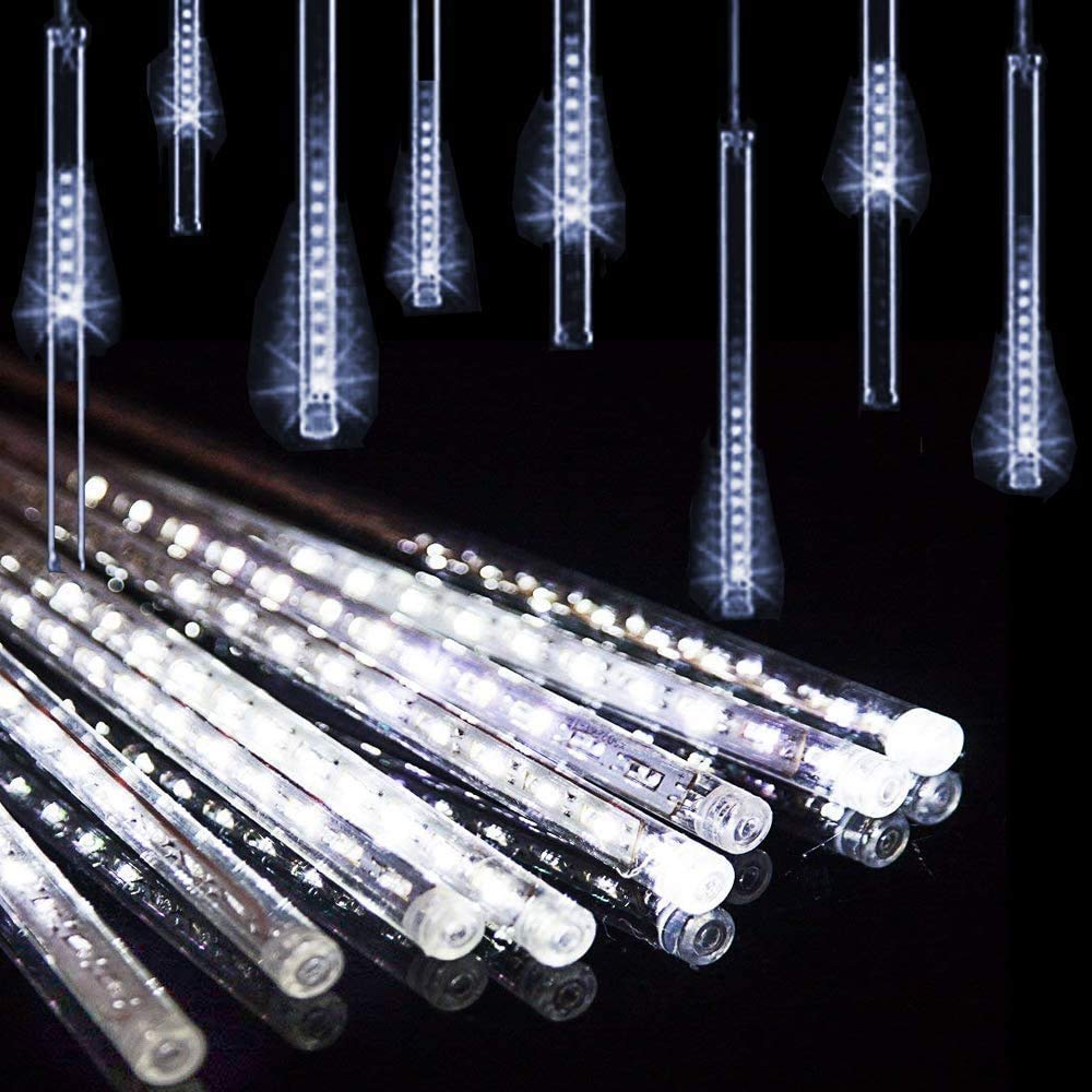 Weepong Christmas Lights Outdoor UL Certified Meteor Shower Lights 12Inch 8Tubes 192LED Falling Rain Drop Lights Icicle Snow Cascading Xmas Lights for Tree Wedding Party Garden Decoration,White Weepong