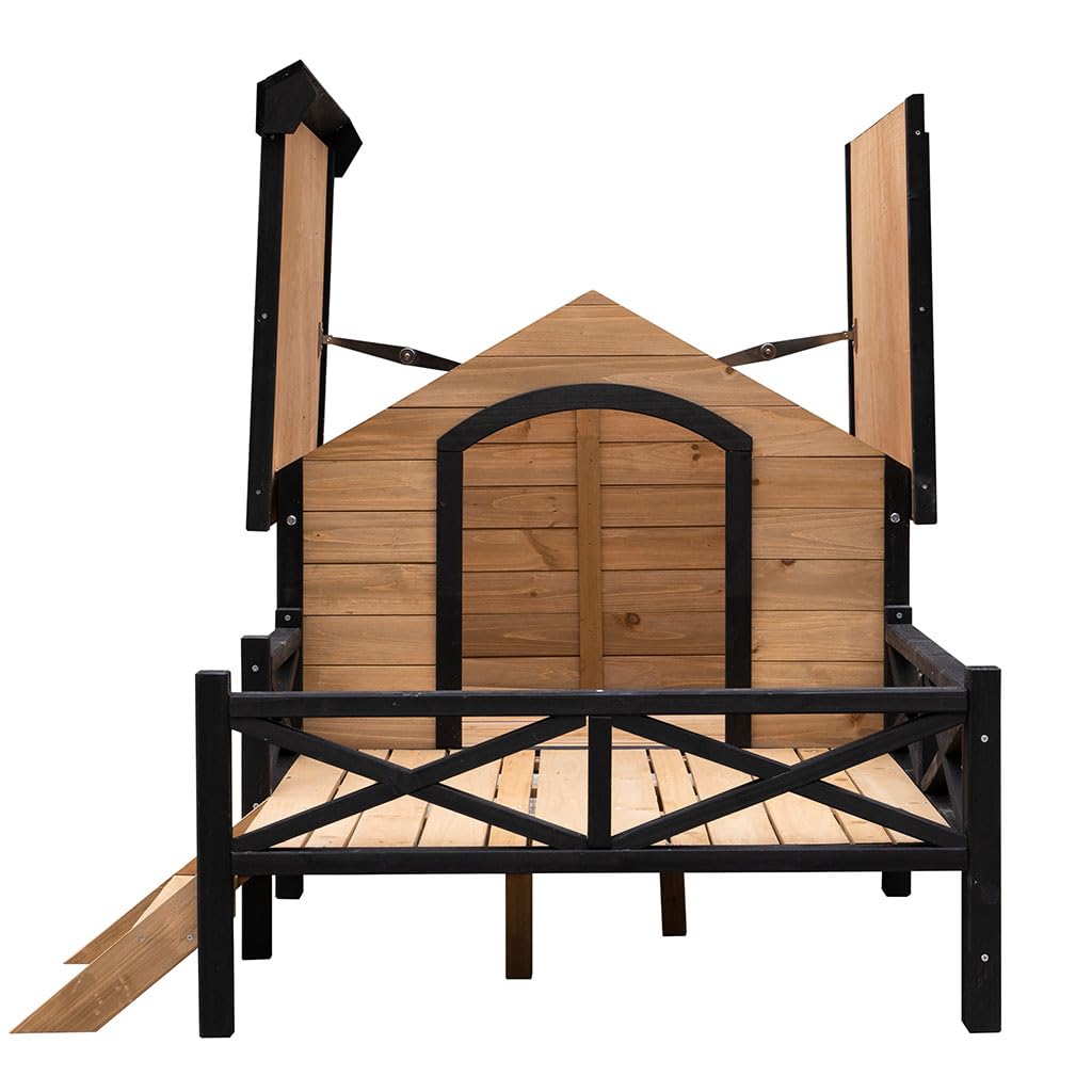 SEOCCTV Wooden Dog Kennel, Weatherproof Dog Houses Outside with Porch and Side Windows Cabin House Style Pet Kennel Wood Dog Crate for Medium Large Pets(43.6" L x 66.9" W x 32.7") SEOCCTV