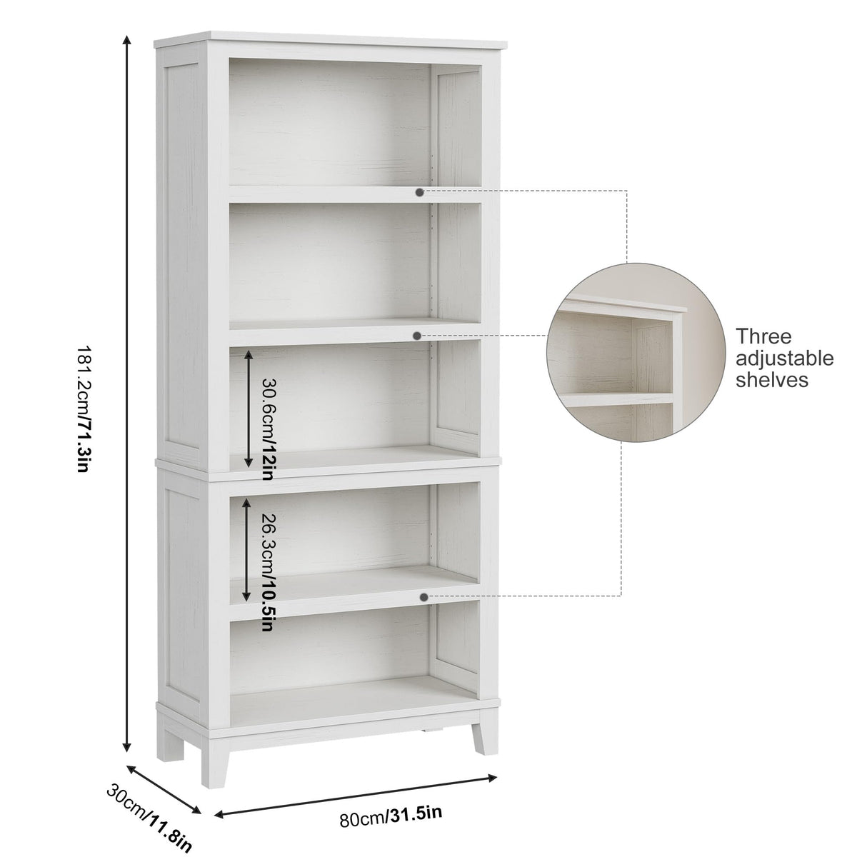 IDEALHOUSE 5 Tier Bookcase with Adjustable Shelves, 71" Tall Narrow Bookshelf w/Wooden Legs, Farmhouse Narrow Bookcase for Living Room Apartment Office (1, White) IDEALHOUSE