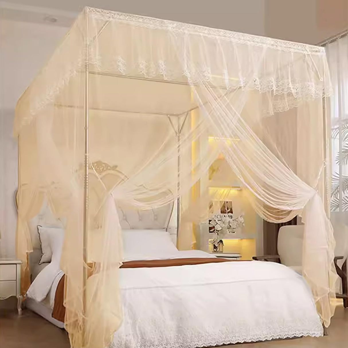 VELSKUD Canopy Bed Frame Twin Size, Post Stainless Steel Four Corner Bed Canopy Poles Mosquito Net Frame Bracket Fit for Metal Bed Wood Bed, Stainless Steel Canopy Bed Frame Twin Size VELSKUD