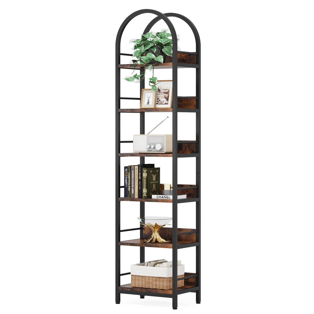 LITTLE TREE 78.7 Inches Tall Arched Bookshelf, 6 Tiers Skinny Open Bookcase with Metal Frame, Freestanding Corner Display Shelves Rack for Living Room, Home Office, Brown LITTLE TREE