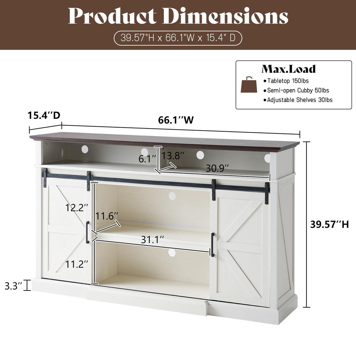 LUXOAK 66" Farmhouse TV Stand for 75 Inch TVs, 40" Tall Entertainment Centere with Sliding Barn Doors, Rustic Media Console Table Storage Cabinet with Adjustable Shelves, Living Room, Antique White LUXOAK