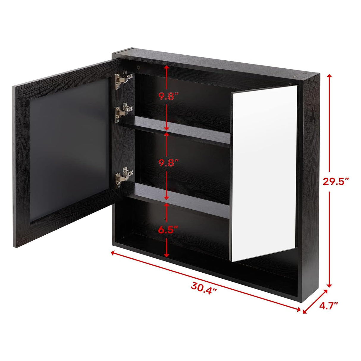 ALIMORDEN Medicine Cabinet with Mirror and Shelves, Oversized Bathroom Wall Storage Organizer Over The Vanity, Toilet, Recessed or Surface Mount, 30.4" L x 29.5" H, Black ALIMORDEN