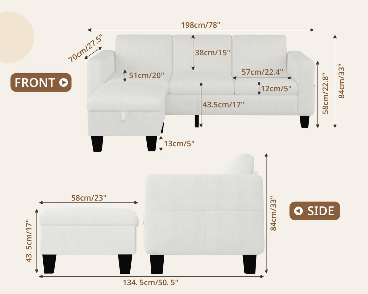 Woyomeub Sectional Sofa Couches for Living Room 78" L Shaped Sofas with Storage Ottoman Small 3 Seater Couch Velvet Fabric, Beige Woyomeub
