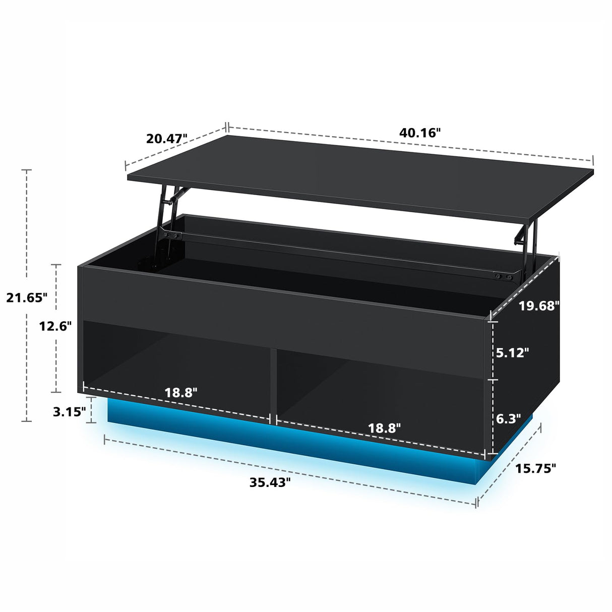 HOMMPA 40" Modern LED Coffee Table with Storage for Living Room, Lift Top Coffee Table with 2 Shelves, High Glossy Wooden Dining Table, Multifunctional Furniture for Bedroom Home Office, Black HOMMPA