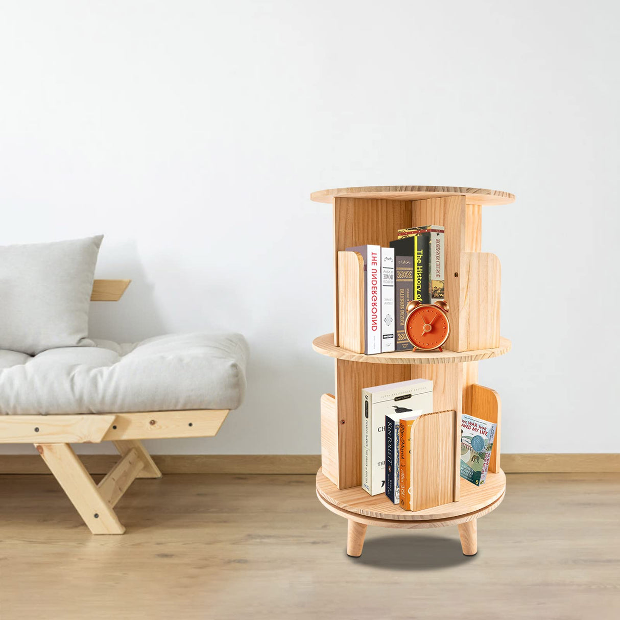 360-Degree Rotating Wooden Bookshelf Organizer with 2 Tiers for Stylish Storage Oiveinya