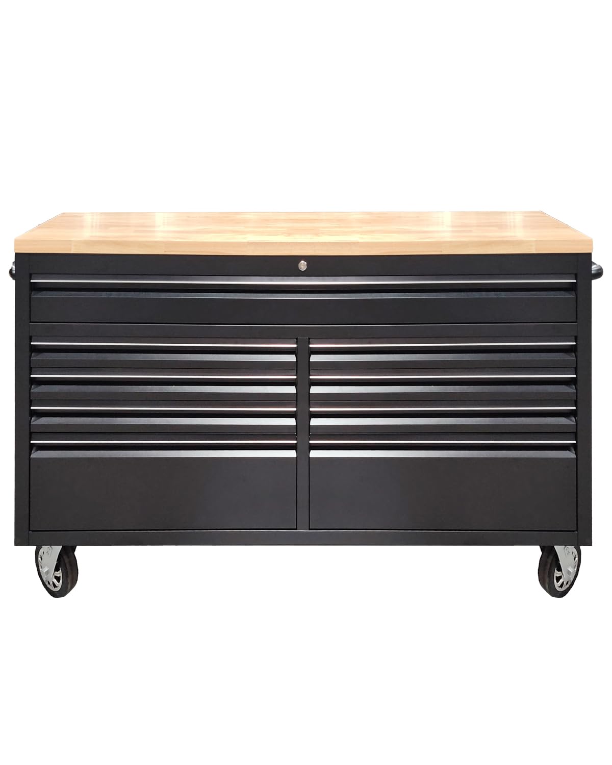 ExploreHorizon 61" Rolling Tool Chest with Rubber Wood Top - 9-Drawer Mobile Workbench, Lockable Metal Storage Cabinet with 4 Heavy-Duty Wheels for Garage Workshops, Black ExploreHorizon