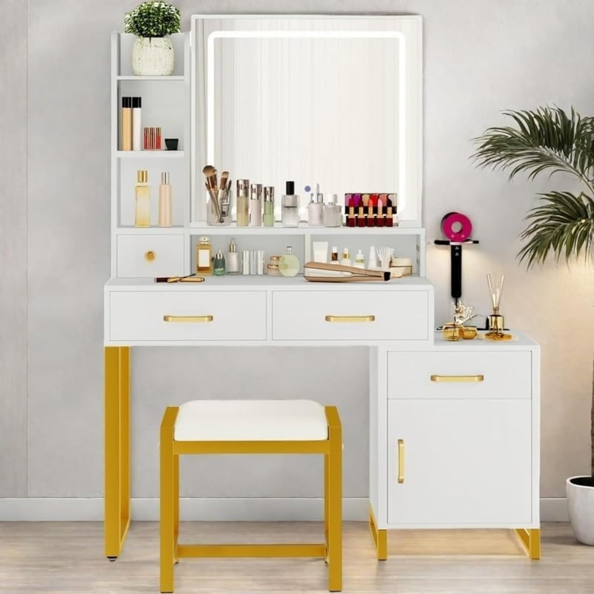 DWVO Vanity Desk with Mirror and Lights, Makeup Vanity Set with Adjustable 3-Mode Lighting and Power Outlet, Vanity Desk with Multiple Storage Drawers, Shelves, Cabinet and Stool, Frost White DWVO