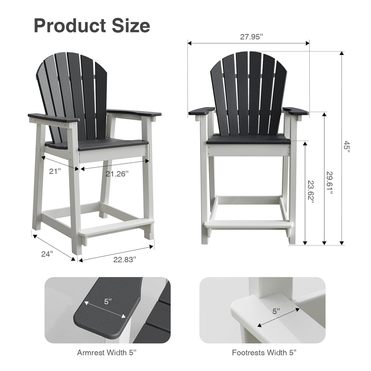 OTSUN Tall Adirondack Chairs, Outdoor Balcony Chair, Patio Bar Stool Chair with Widened Arms, High Back, Footrest, 400lbs, All-Weather Bar Height Chair for Garden, Yard, Backyard OTSUN