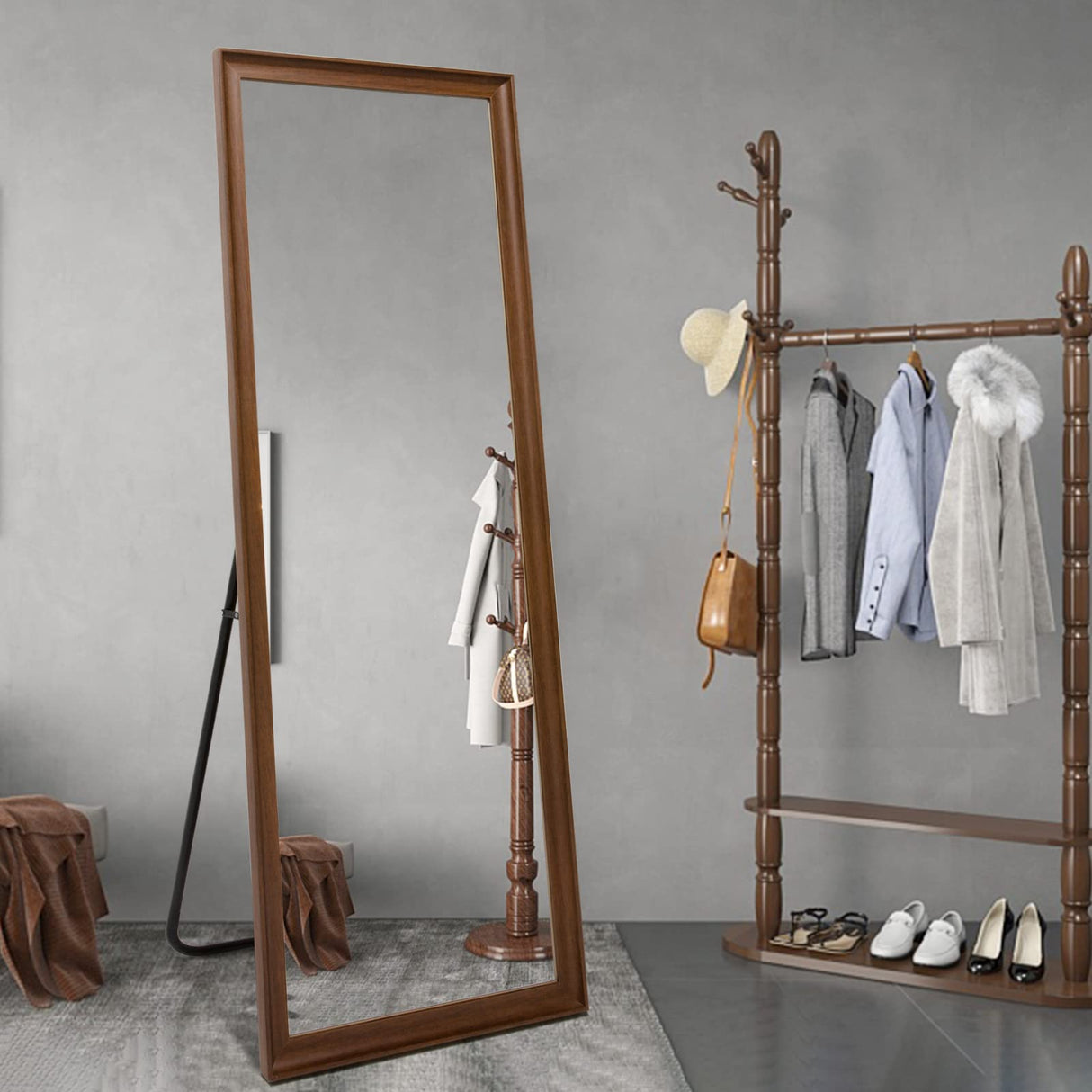 TheiaMo Full Length Mirror Wood Frame, 65×22in Floor Mirror Full Body Mirror with Standing Holder Hanging Wall Mirror, Stand Large HD Mirror, Dressing Mirror for Bedroom/Living Room, Walnut TheiaMo