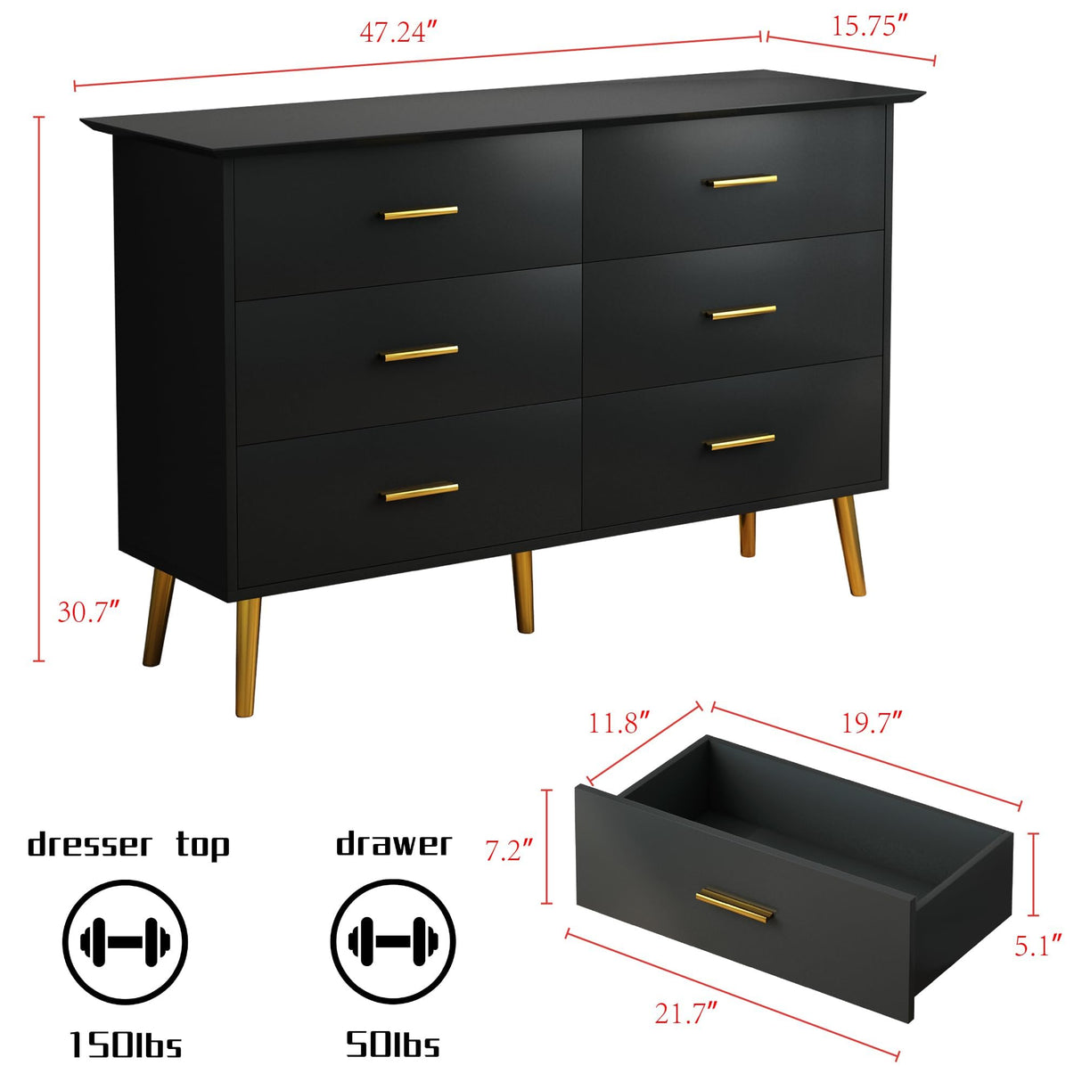 HUANLEGO Black Dresser for Bedroom with LED Lights, Modern 6 Dressers & Chests of Drawers Dresser Wood Dressers Bedroom Furniture 6 Drawers Dresser Storage Organizer for Bedroom Living Room HUANLEGO