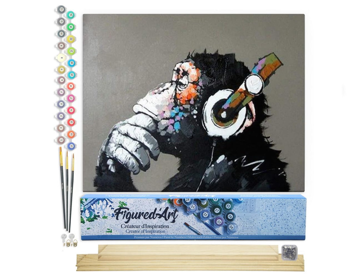 Figured'Art Paint by Numbers for Adults Monkey Wearing Headphones 16"x20" - Craft Art Painting Rolled Canvas with DIY Wooden Frame Figured'Art