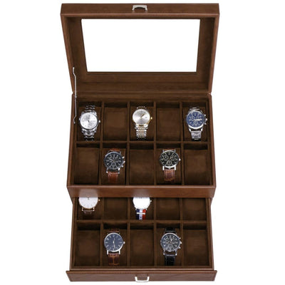 BEWISHOME 20 Slot Watch Box for Men Watch Case, Watch Display Case with Real Glass Lid, 2 Layers Watch Holder Organizer, Metal Hinge, Brown Leather SSH24Z