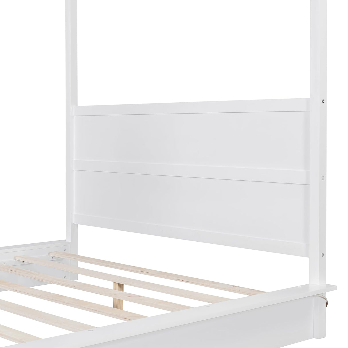 Queen Size Canopy Bed with LED Light, Solid Wood Canopy Platform Bed with Support Slats, Mattress Foundation Bed Platform, No Box Spring Needed, White RuiSiSi