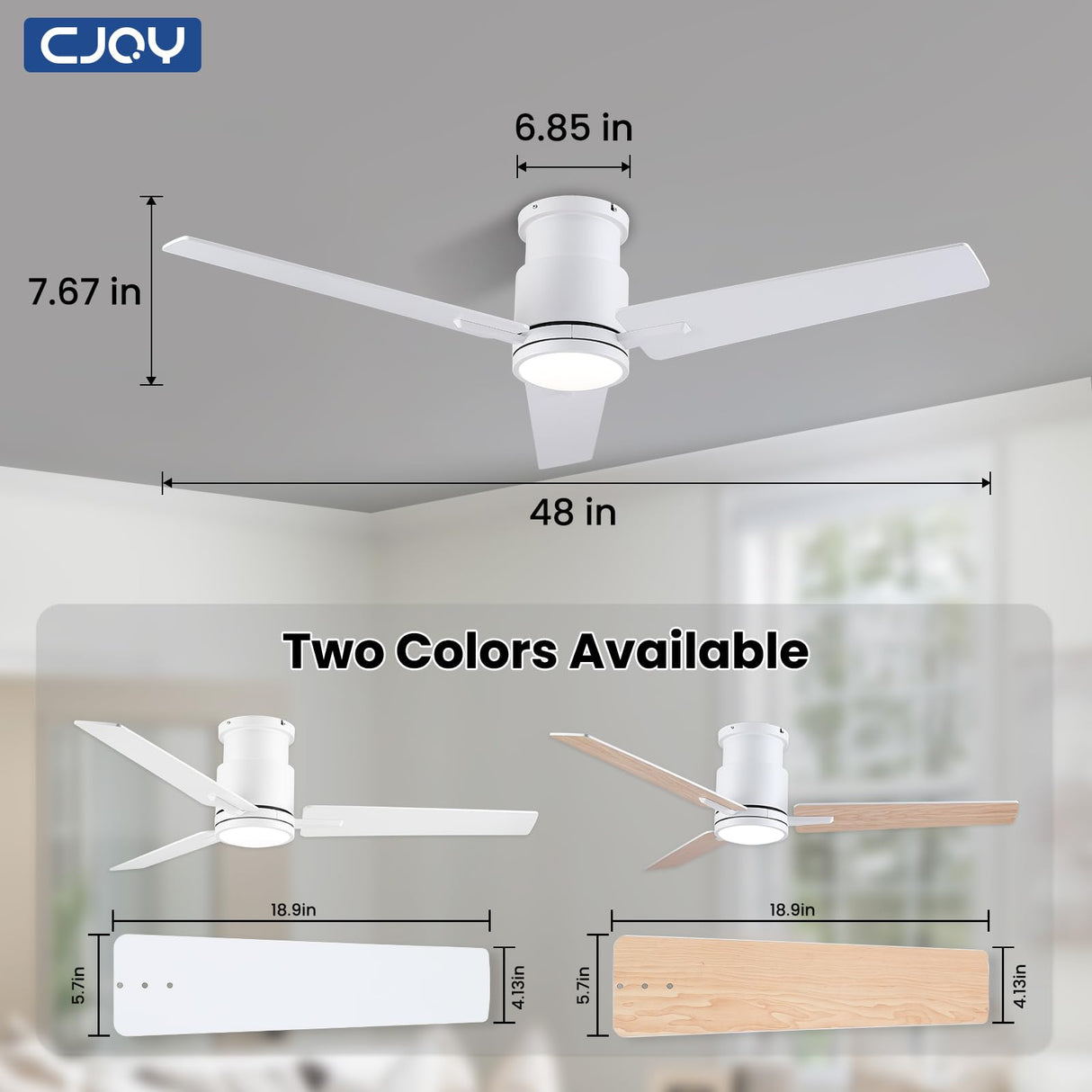 CJOY Ceiling Fan with Lights, 48 Inch Low Profile Ceiling Fans with Light and Remote, Reversible DC, Flush Mount, 3CCT,Dimmable, Modern Indoor/Outdoor Design for Bedroom, Living Room, Patio, Kitchen CJOY