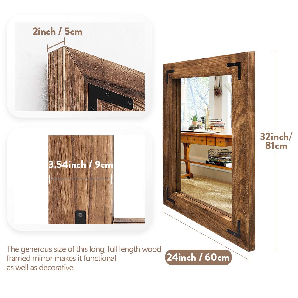 YOSHOOT Rustic Wooden Framed Wall Mirror, Natural Wood Bathroom Vanity Mirror for Farmhouse Decor, Vertical or Horizontal Hanging, 32" x 24", Brown YOSHOOT