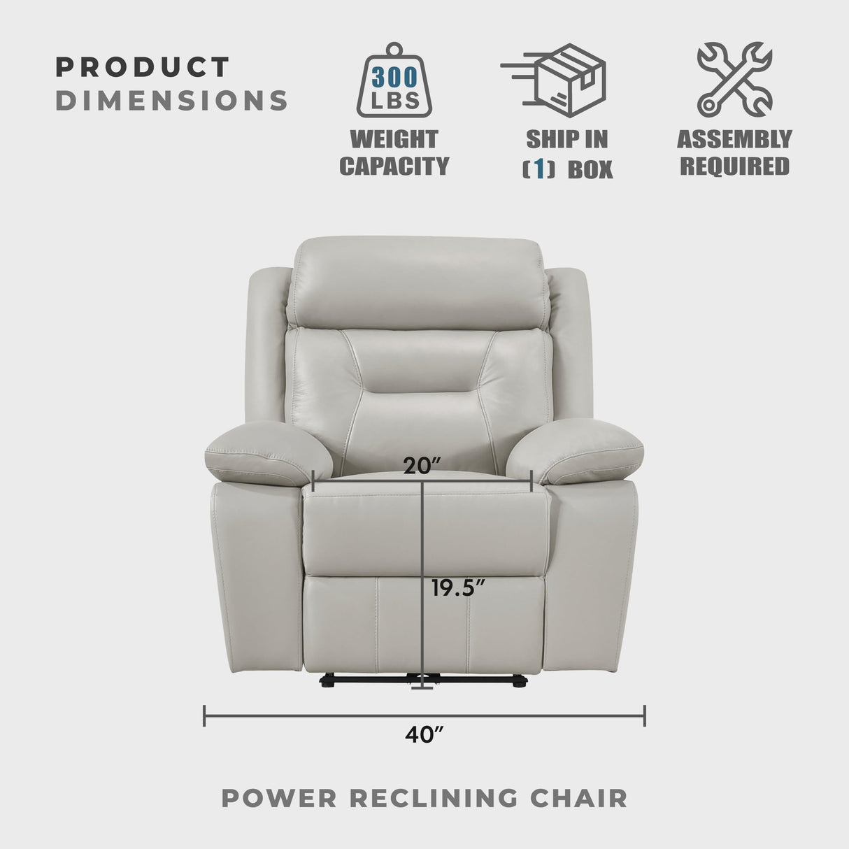 Lexicon Power Recliner Chair for Living Room, Top Grain Leather Match Recliner with Pillow Top Armrests, Home Theater Seating, Wall Hugger Recliners with USB Port, 40" W, Silver Lexicon