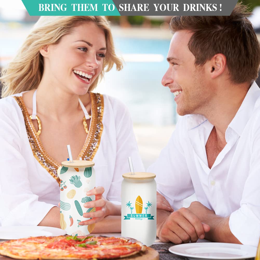 WHEATHUSK 12 Pack Sublimation Glass Cups Frosted 16oz Blanks Beer Can Borosilicate Glasses Tumbler with Bamboo Lids and Straws for Beer, Juice, Soda, Iced Coffee, Drinks WHEATHUSK