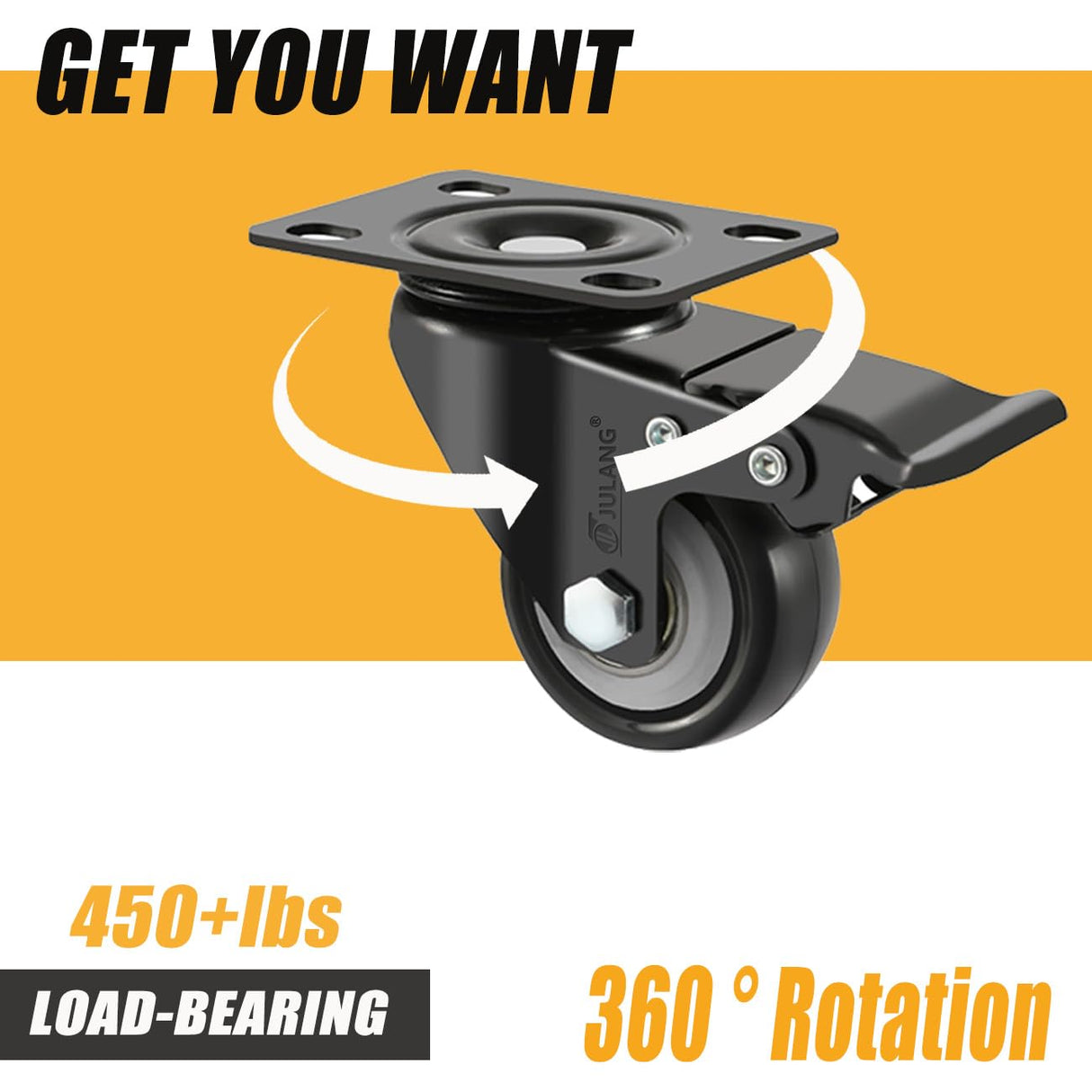 JULANG 2" Locking Caster Wheels Set of 4 Heavy Duty with Brake, Noise Free (PU) Wheels, Swivel Plate Castors 4 PCS, for Furniture, Carts, Garden Potting Tables, Workbenches Julang