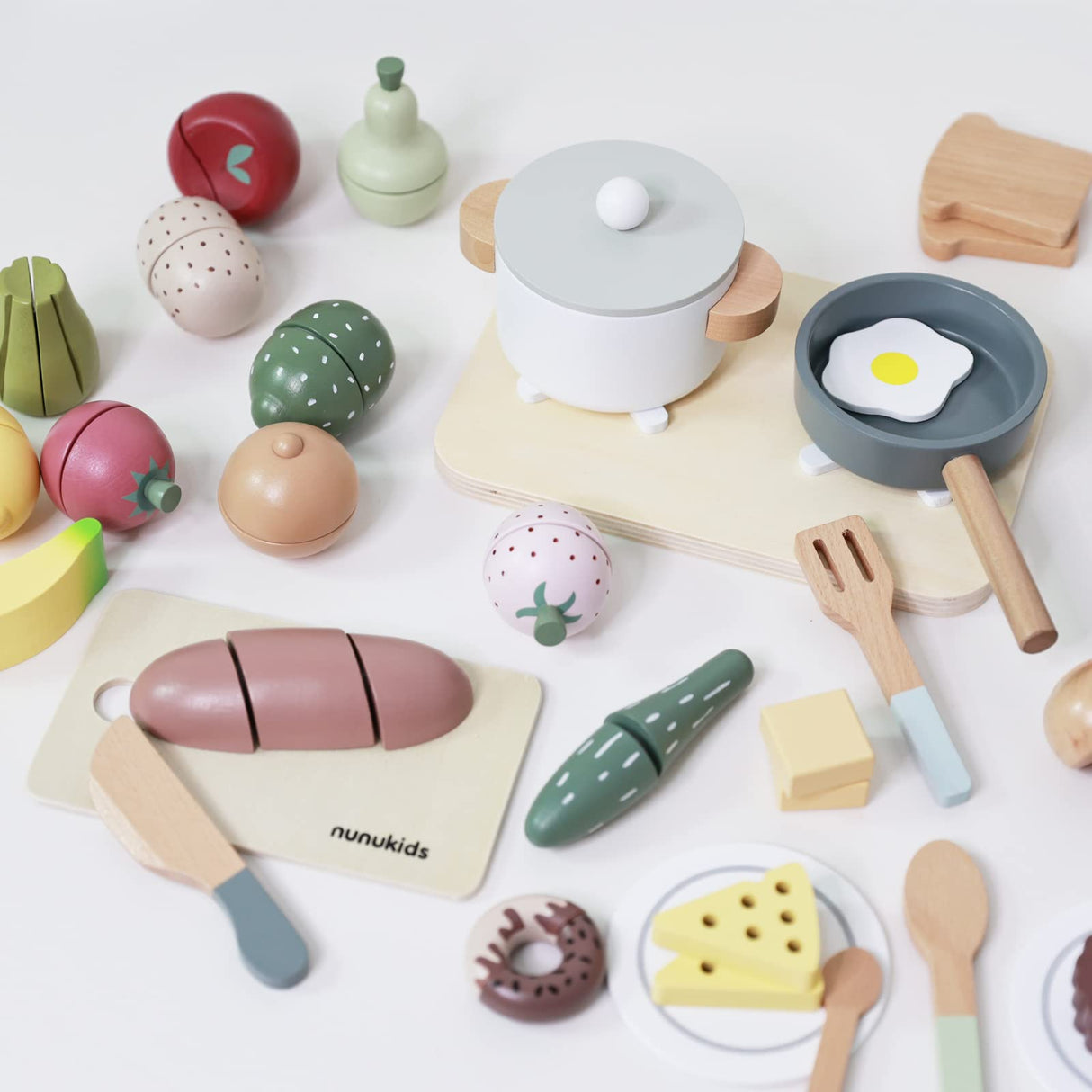 nunukids Wooden Play Food Sets for Kids Kitchen 42 pc Wooden Toys with Storage Basket Wood Pretend Food Play Kitchen Accessories Set nunukids