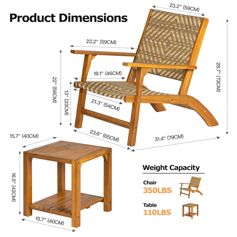Panana 3 Pieces Patio Furniture Set Acacia Wood Side Table and PE Rattan Wicker Bistro Set Wooden Chairs for Outdoor, Deck, Porch, Poolside, Balcony Panana