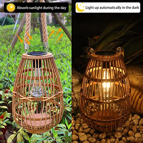 Outdoor Solar Lantern Hanging Lights - Natural Rattan Solar Lantern with Handle, Large Waterproof Led Decorative Garden Lights, Bright Rattan Solar Table Lamp for Yard Patio Wedding Home Decoration HERJIATK