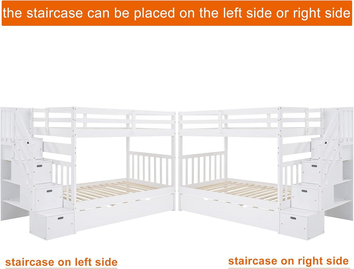 MERITLINE Twin Over Twin/Full Convertible Bunk Bed with Twin Trundle, Storage Stairs and Drawers,Solid Wood Detachable Bunk Bed with Storage Shelves for Adults,No Box Spring Needed (White) MERITLINE