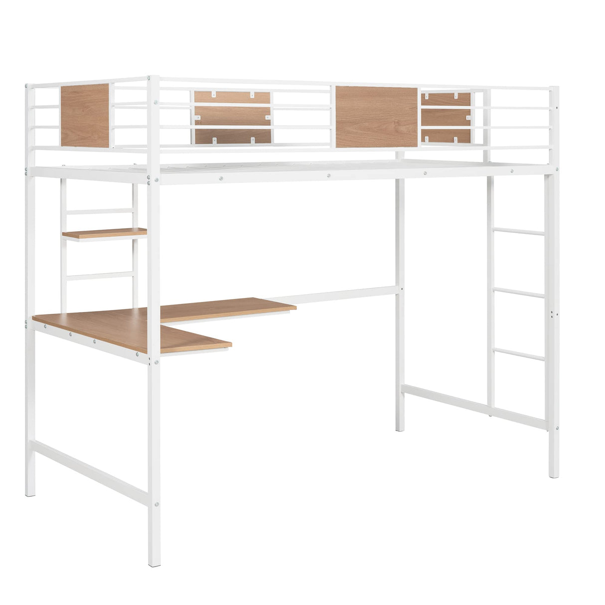 Twin Loft Bed with Desk and Storage Shelf, Metal Loft Bed Twin Size, Kids Loft Bed with Build in Ladder and Guardrails, Twin Loft Bed White Bellemave