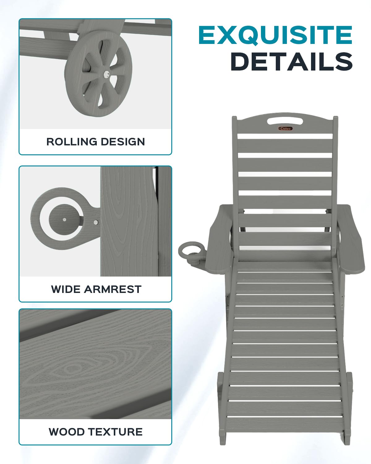 Lounge Chair Outdoor, Oversized Chaise Lounge Chair with 5 Positions, HDPE, Patio Lounge Chair with Wheels & Cup Holder for Pool, Deck, Poolside, Grey Ciokea