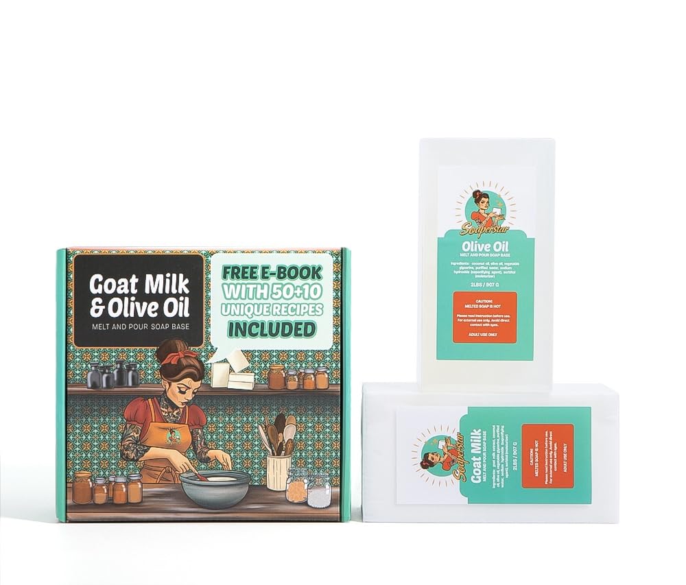 SOAPERSTAR Olive Oil & Goat Milk Melt and Pour Soap Base Kit with Free 50+10 Exclusive Soap Recipes E-Book - Vegan, SLS-Free, Cruelty-Free Soap Making Supplies for DIY – Premium Quality, 100% Natural Soaperstar