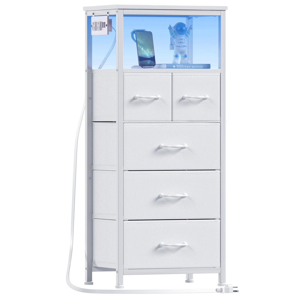 Furnulem Tall Nightstand with 5 Fabric Drawers, White Dresser for Bedroom with LED Lights and Charging Station, Vertical Bedside Table for Hallway, Entryway, Wood Top, Living Room Furniture Furnulem