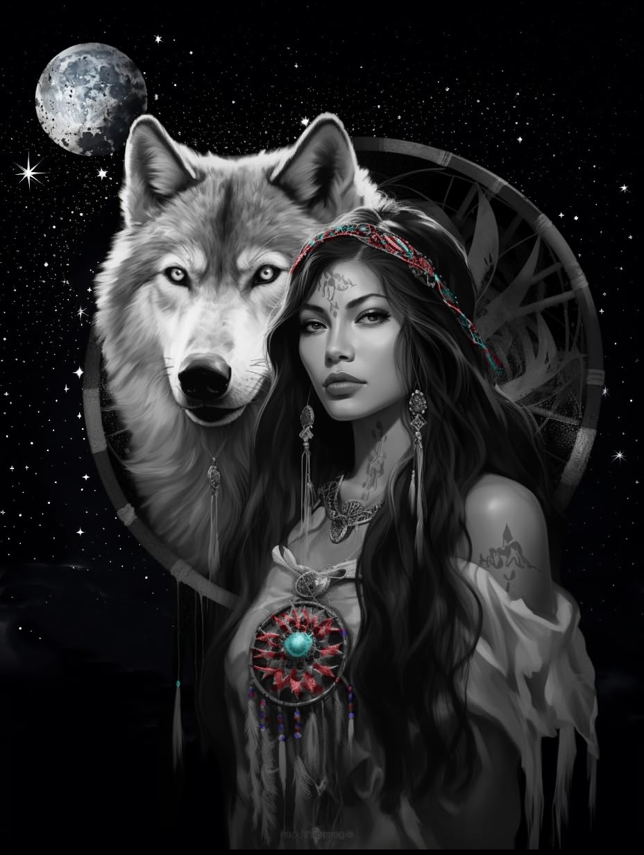 DIY 5D Diamond Art Painting Kits American Native Indian Girl and Wolves Full Drill Round Diamond Art Paint by Number Kits for Beginner Embroidery Cross Stitch for Wall Decoration(30x40cm) Generic