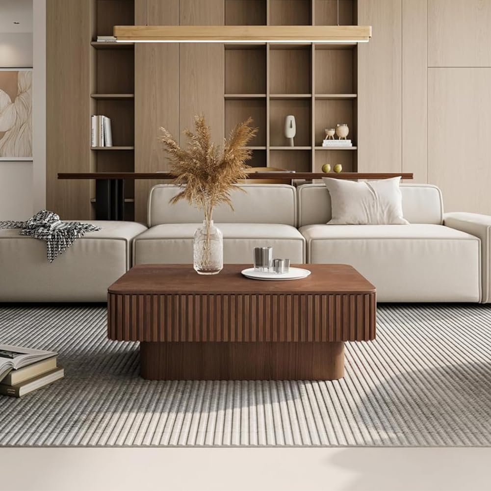 Lift Top Coffee Table with Storage for Living Room Mid Century Modern Coffee Table with Lifting Top Wood Fluted Coffee Tables with Lifts Up Tabletop for Home Apartment Office 38.6" Walnut Rectangle SPMETUYO