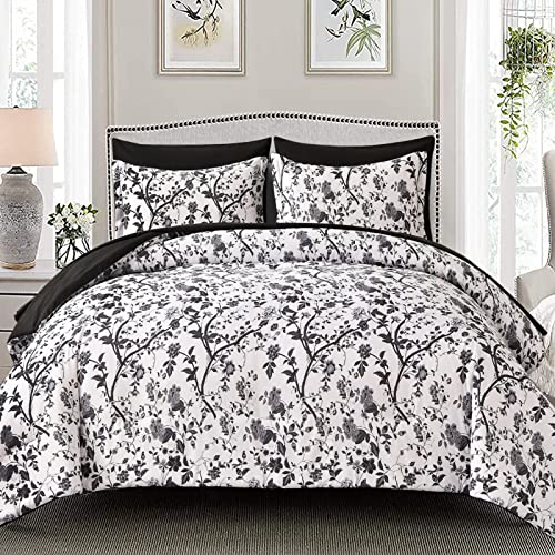 LLDSYW King Size Comforter Set - 7 Pieces Bed in a Bag Soft Microfiber Bedding Comforter Set Leaves Floral Pattern on White Comforter Sets with Sheets for All Seasons (King, Black) LLDSYW